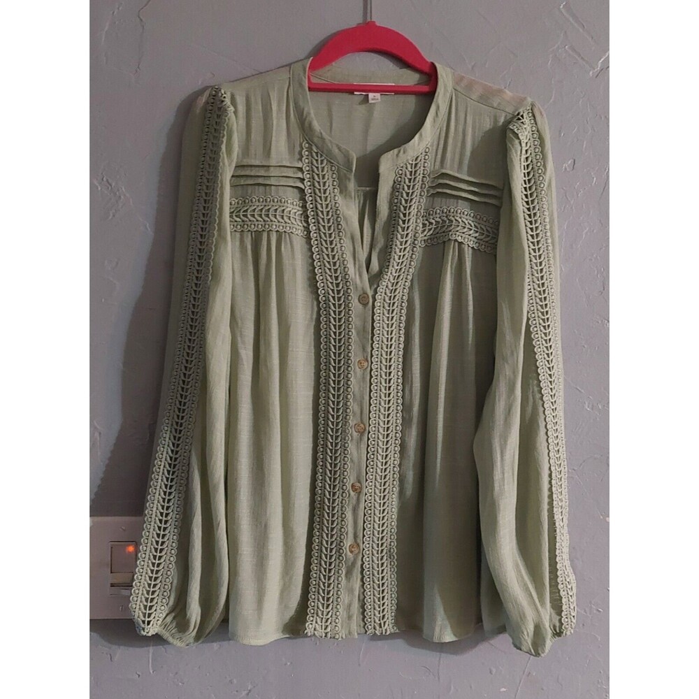 by The Diner Tops,Blouse Women L,,long Sleeves,Crochet,Green Color,18 Inch Of Ar